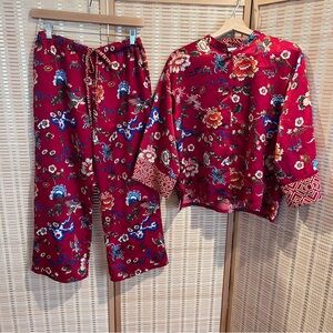 Natori Red Floral Asian Inspired Satin Pajama Set Size M